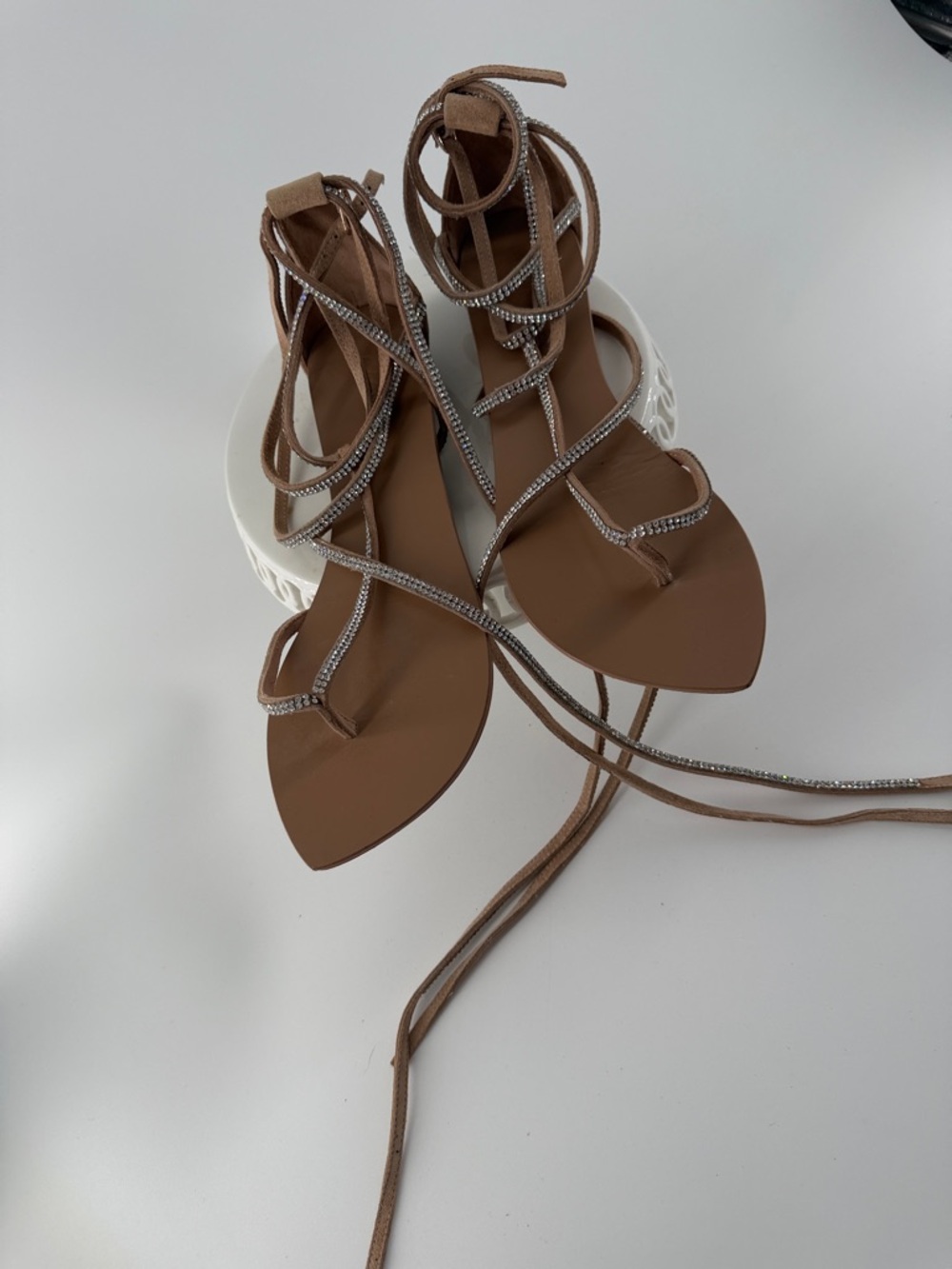Crystal Lace-Up Gladiator Sandals in Nude - Picture 5 of 6